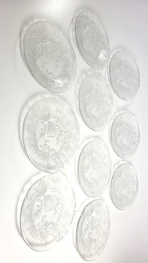 Set of 10 Clear Pressed Glass Salad Dessert Plates with Embossed Drink Girl and Floral Motif - 6