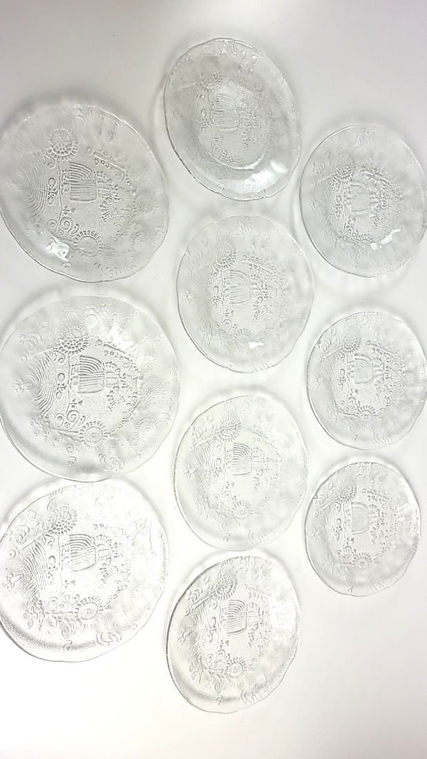 Set of 10 Clear Pressed Glass Salad Dessert Plates with Embossed Drink Girl and Floral Motif - 7