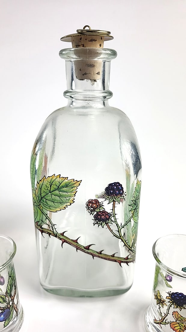 Holmegaard of Copenhagen Glass Decanter with Stopper & 6 Cordial Glasses, Rubus fruticosus Blackb... - 7