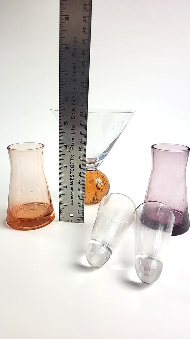 Elements art glass martini glass with amber bubble ball base + pair purple/peach bases with clear... - 3