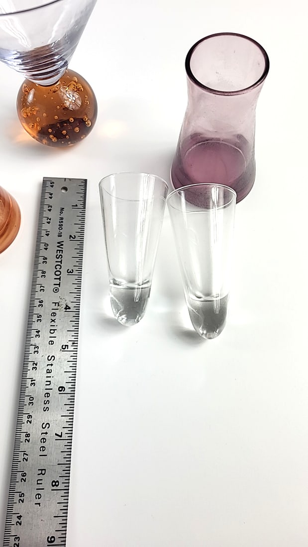 Elements art glass martini glass with amber bubble ball base + pair purple/peach bases with clear... - 4