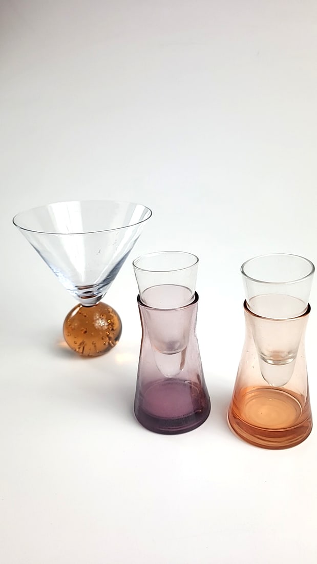 Elements art glass martini glass with amber bubble ball base + pair purple/peach bases with clear... - 6