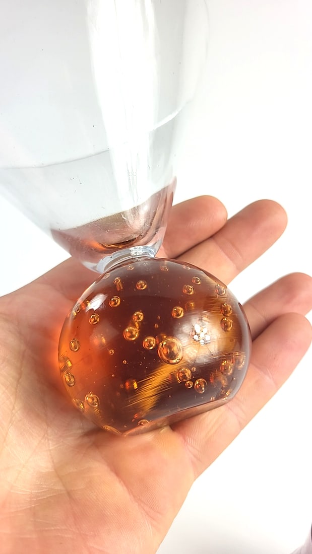 Elements art glass martini glass with amber bubble ball base + pair purple/peach bases with clear... - 7