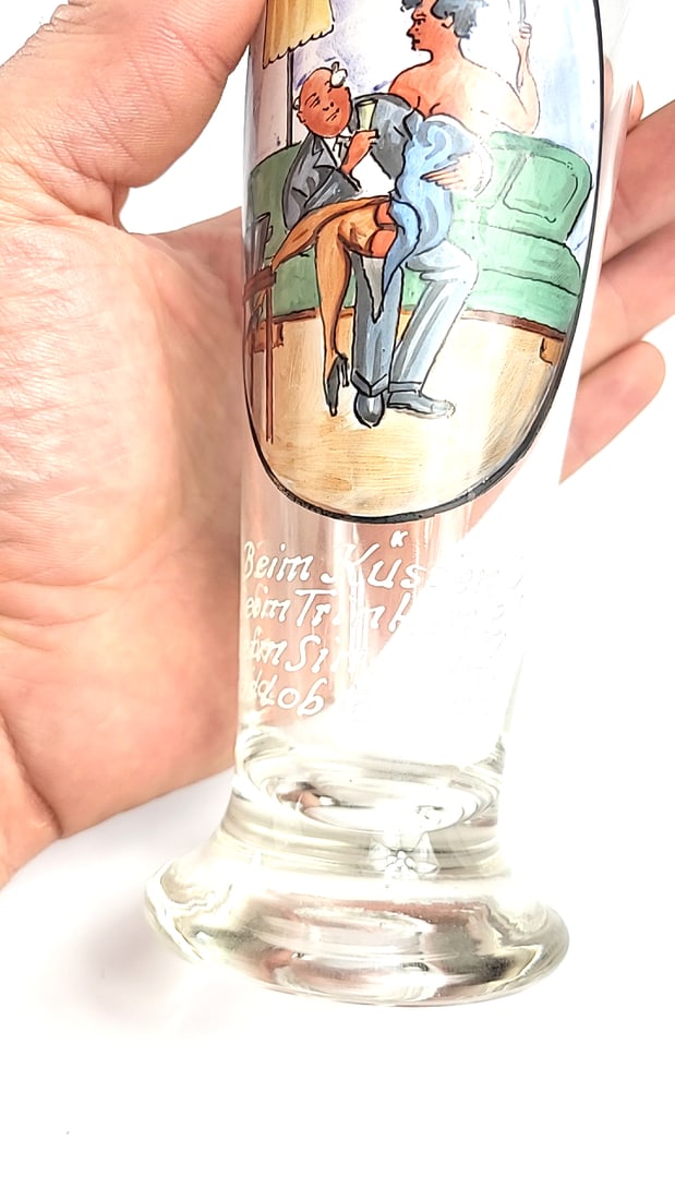 German Pilsner Beer Glass with Risque Cartoon, Gold Rim, Hidden Pinup Photo on inner - 2