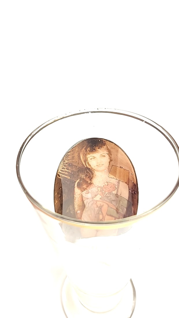 German Pilsner Beer Glass with Risque Cartoon, Gold Rim, Hidden Pinup Photo on inner - 3