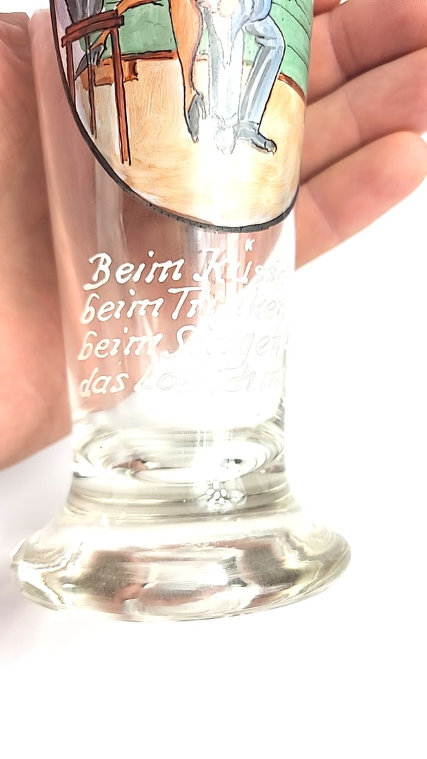 German Pilsner Beer Glass with Risque Cartoon, Gold Rim, Hidden Pinup Photo on inner - 4