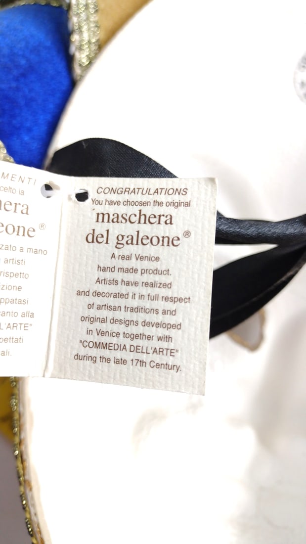 Maschera del Galeone Venetian Jester Mask Pair Blue Gold Handmade Italy 17" Commedia dell'Arte - 2