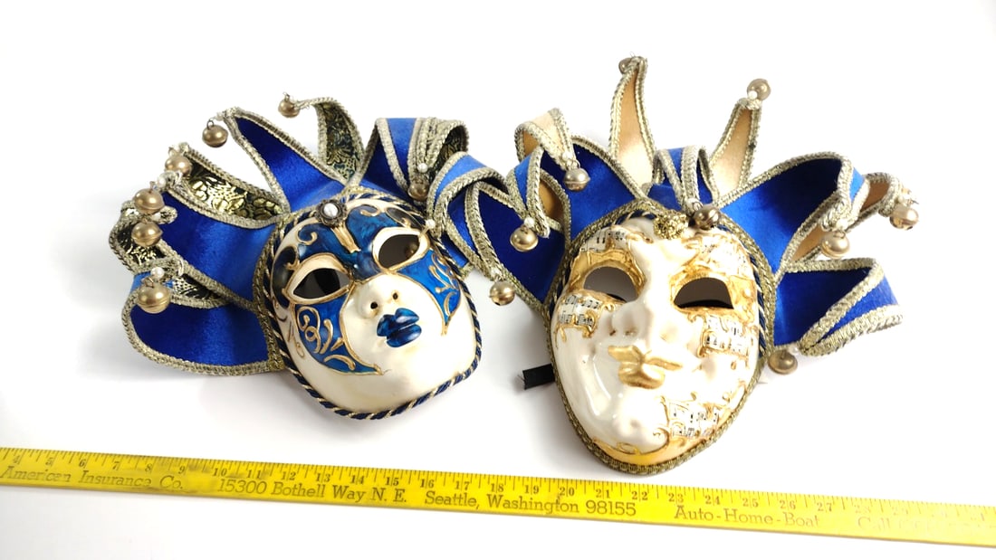 Maschera del Galeone Venetian Jester Mask Pair Blue Gold Handmade Italy 17" Commedia dell'Arte - 3