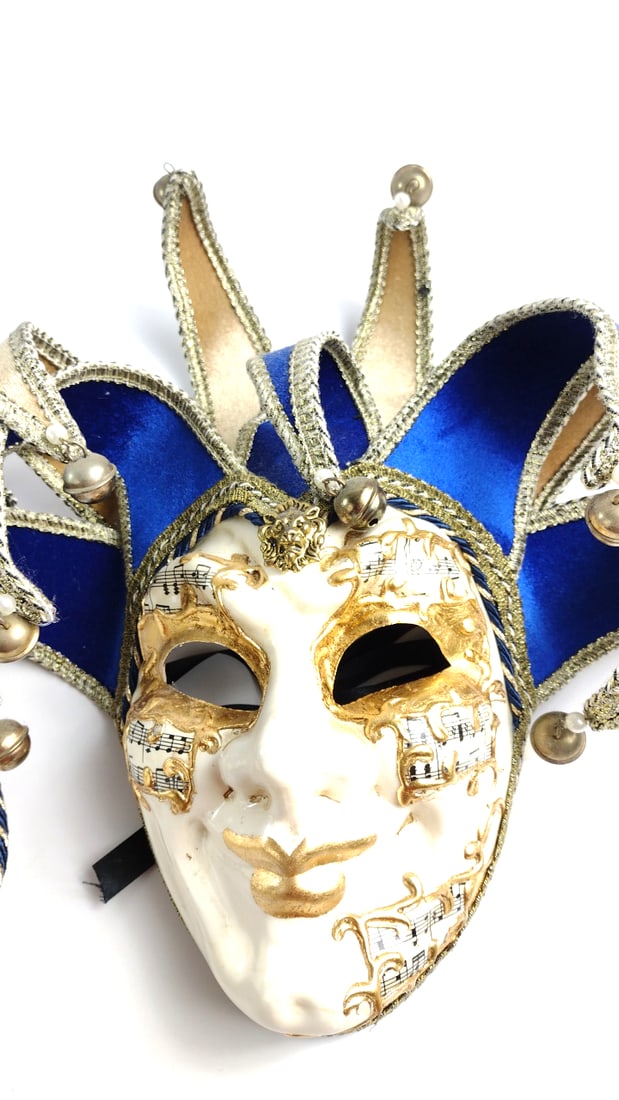 Maschera del Galeone Venetian Jester Mask Pair Blue Gold Handmade Italy 17" Commedia dell'Arte - 4