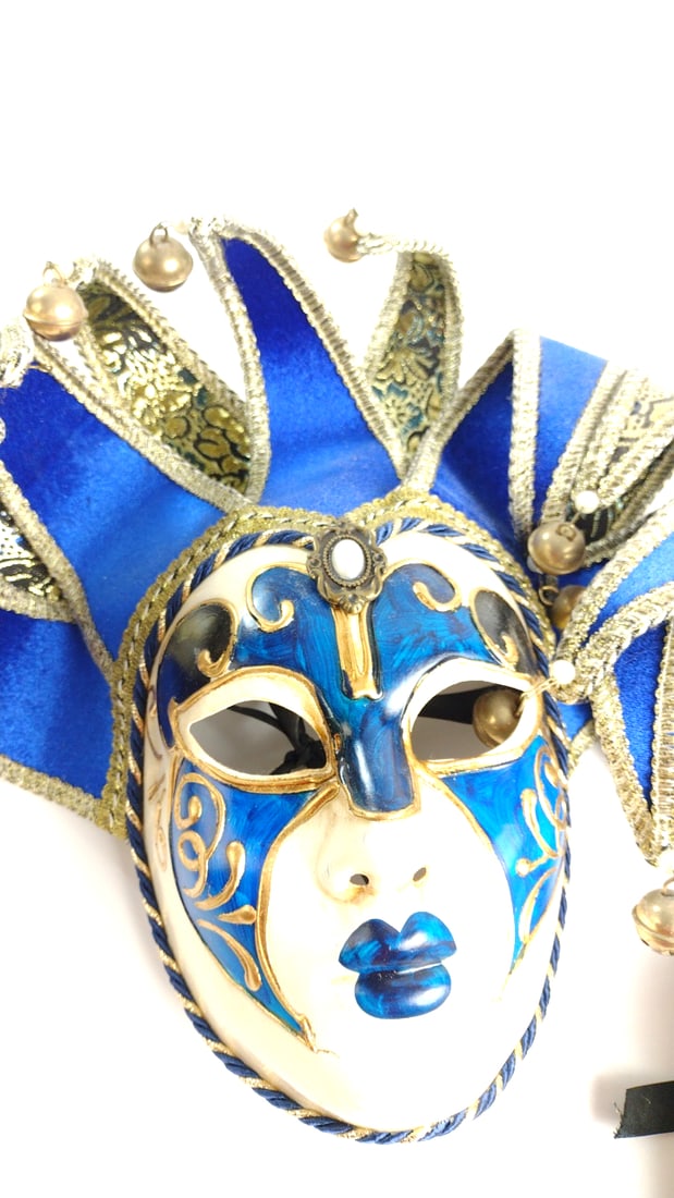 Maschera del Galeone Venetian Jester Mask Pair Blue Gold Handmade Italy 17" Commedia dell'Arte - 5