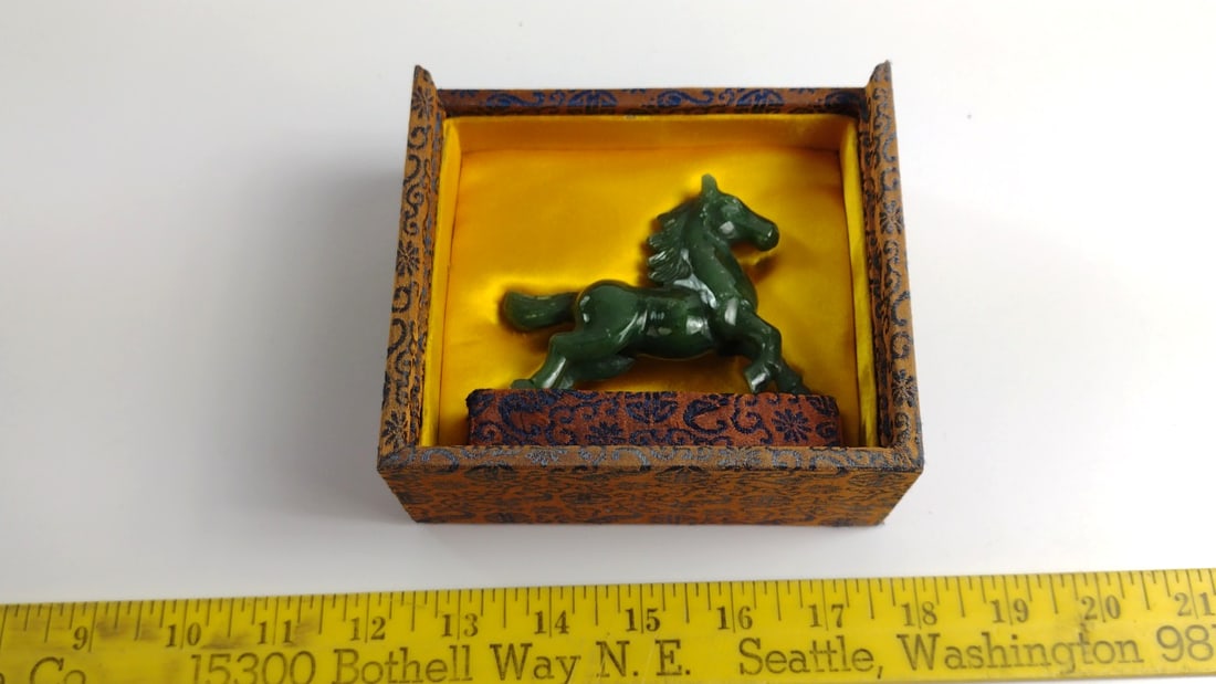 Green Carved Stone Horse Figurine with Satin-Lined Decorative Box Feng Shui - 2