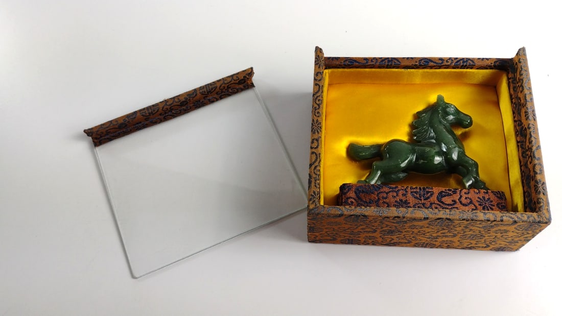 Green Carved Stone Horse Figurine with Satin-Lined Decorative Box Feng Shui - 3