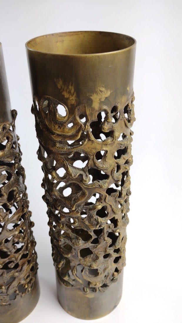 Pair Brass Openwork Cylindrical Candle Holders, Brutalist Sculptural Design, 11 in - 2