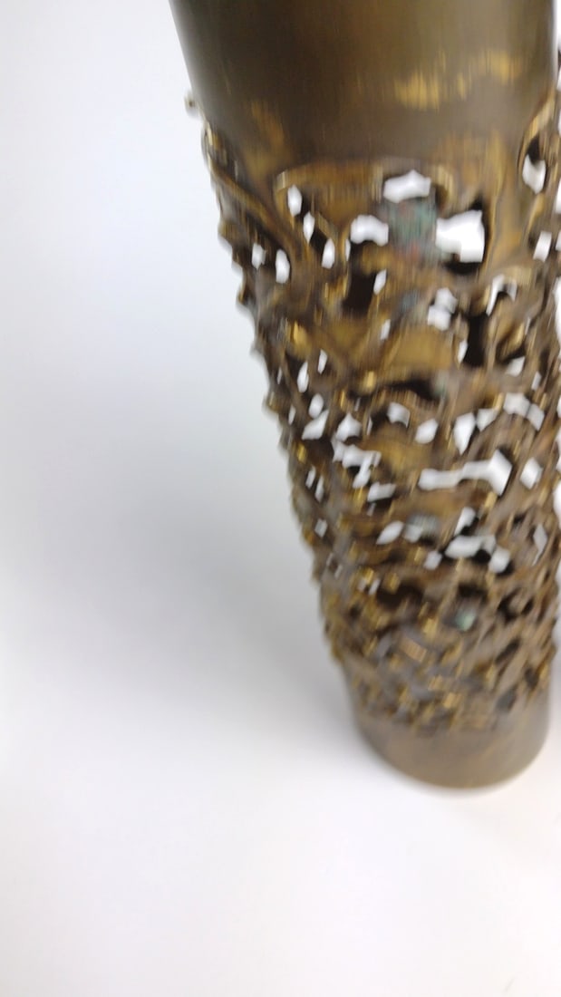 Pair Brass Openwork Cylindrical Candle Holders, Brutalist Sculptural Design, 11 in - 3