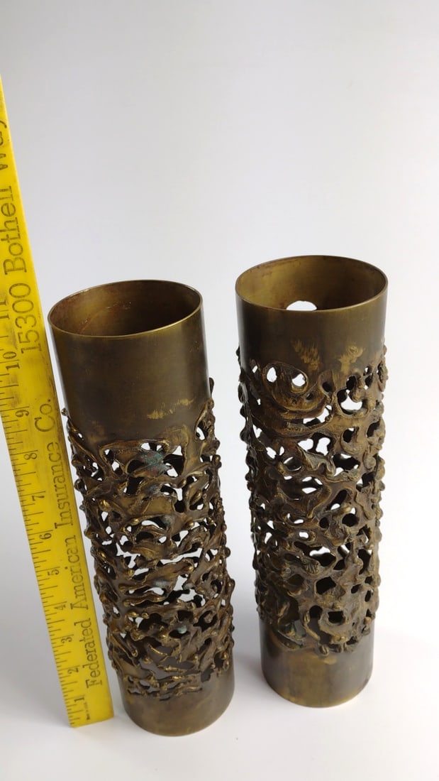 Pair Brass Openwork Cylindrical Candle Holders, Brutalist Sculptural Design, 11 in - 4
