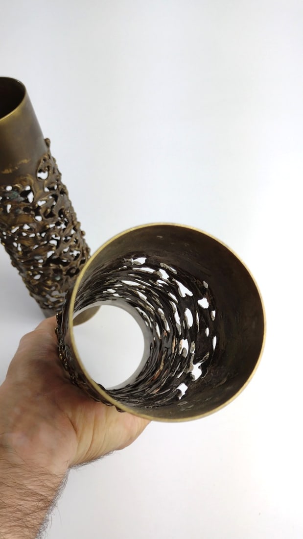Pair Brass Openwork Cylindrical Candle Holders, Brutalist Sculptural Design, 11 in - 5