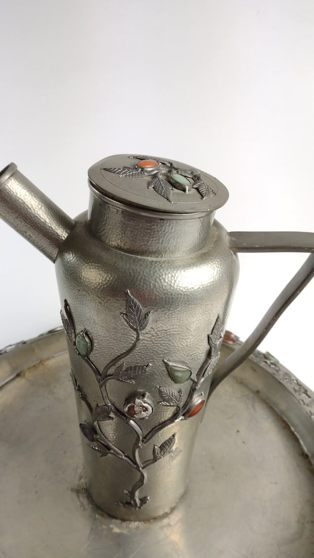 Hammered Metal Ewer on Round Tray with Jade Carnelian Amethyst Cabochon Vine Decoration - 2