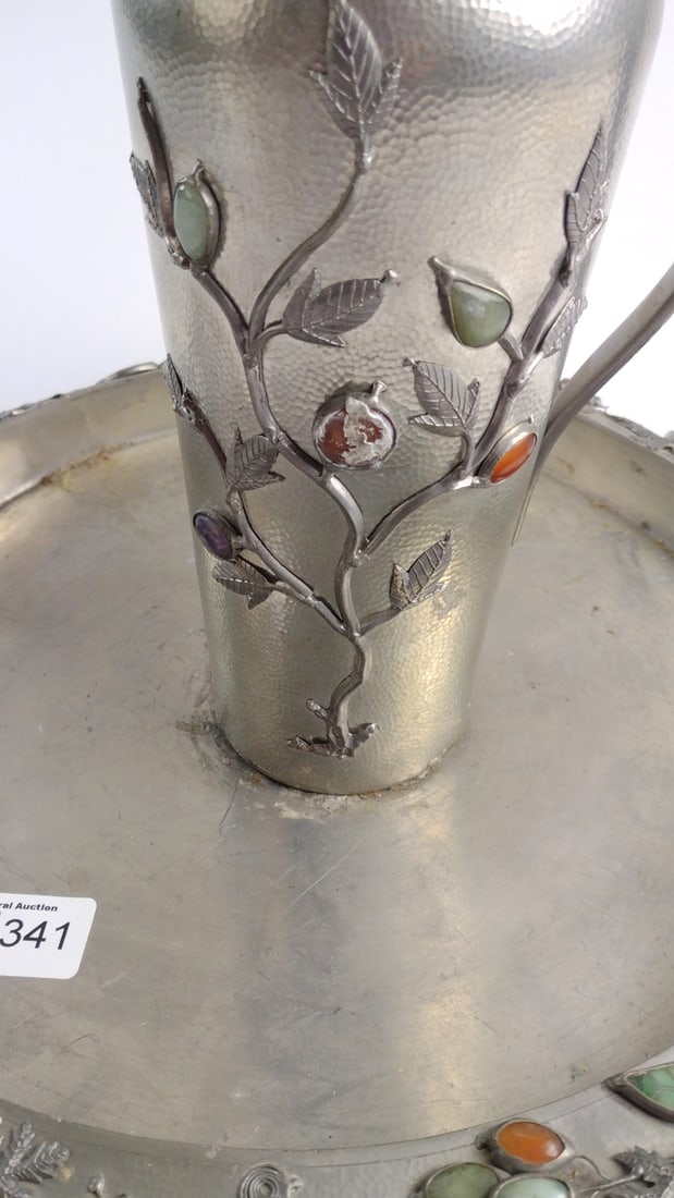 Hammered Metal Ewer on Round Tray with Jade Carnelian Amethyst Cabochon Vine Decoration - 3