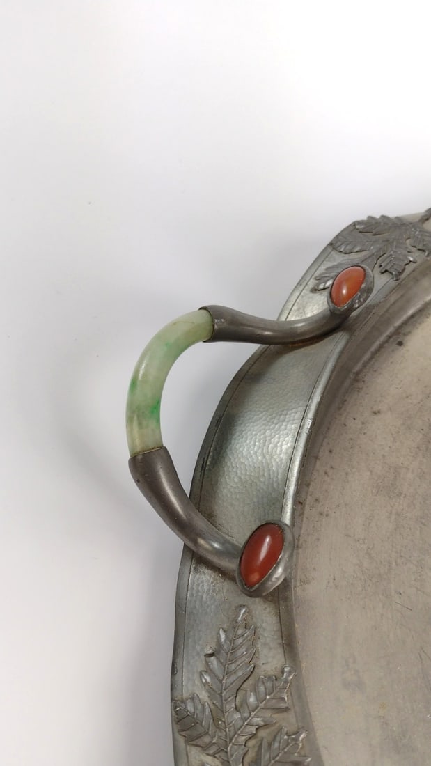 Hammered Metal Ewer on Round Tray with Jade Carnelian Amethyst Cabochon Vine Decoration - 4