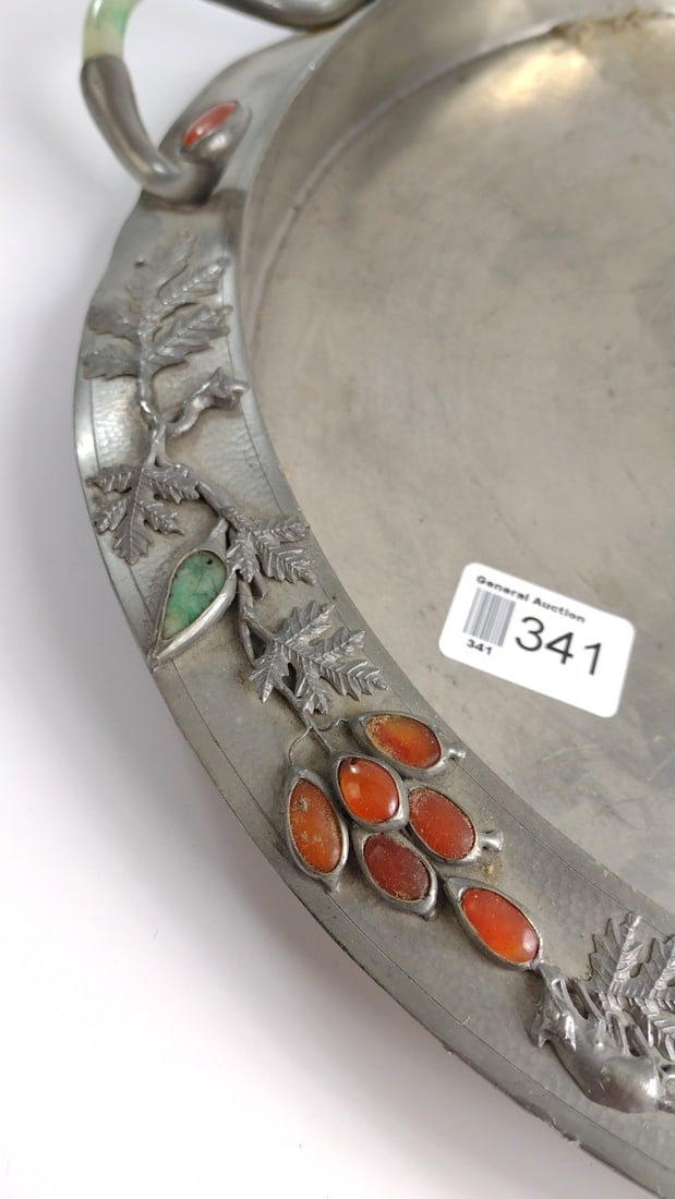 Hammered Metal Ewer on Round Tray with Jade Carnelian Amethyst Cabochon Vine Decoration - 5