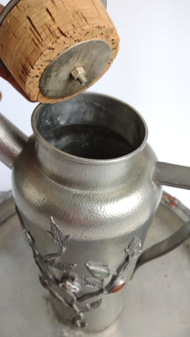 Hammered Metal Ewer on Round Tray with Jade Carnelian Amethyst Cabochon Vine Decoration - 6
