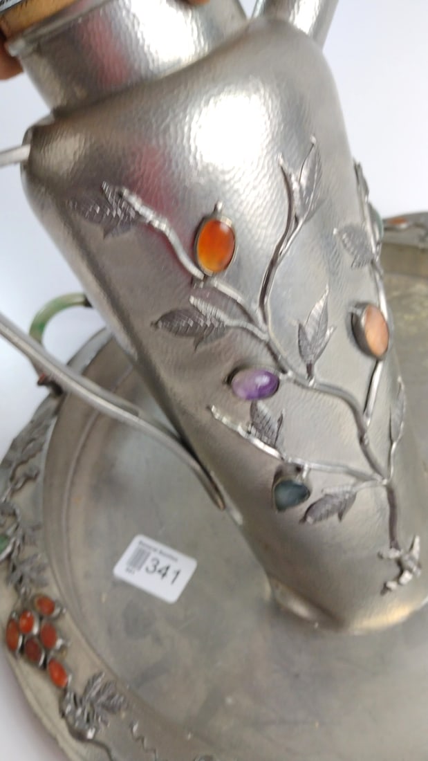 Hammered Metal Ewer on Round Tray with Jade Carnelian Amethyst Cabochon Vine Decoration - 8