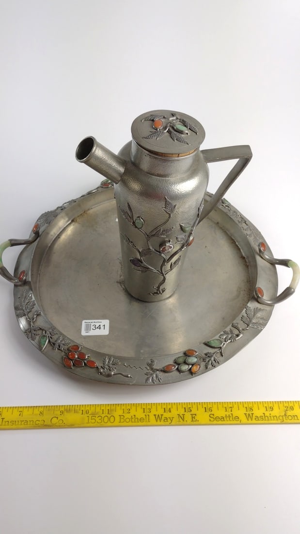 Hammered Metal Ewer on Round Tray with Jade Carnelian Amethyst Cabochon Vine Decoration - 9
