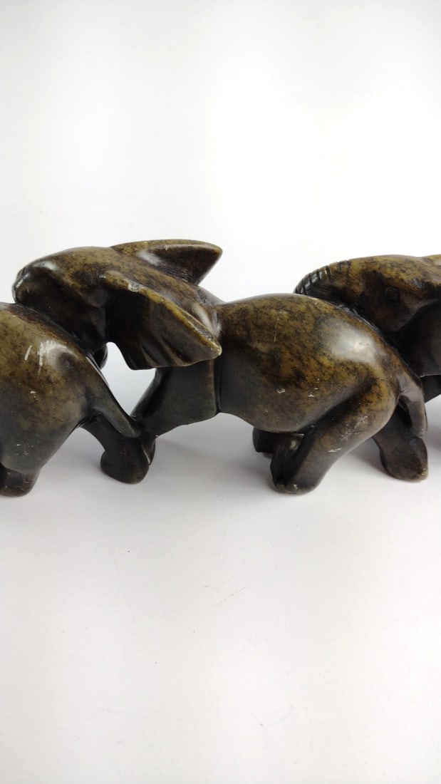 Carved Stone Elephant Family Figurine, 5 Elephants, Dark Green Brown - 3
