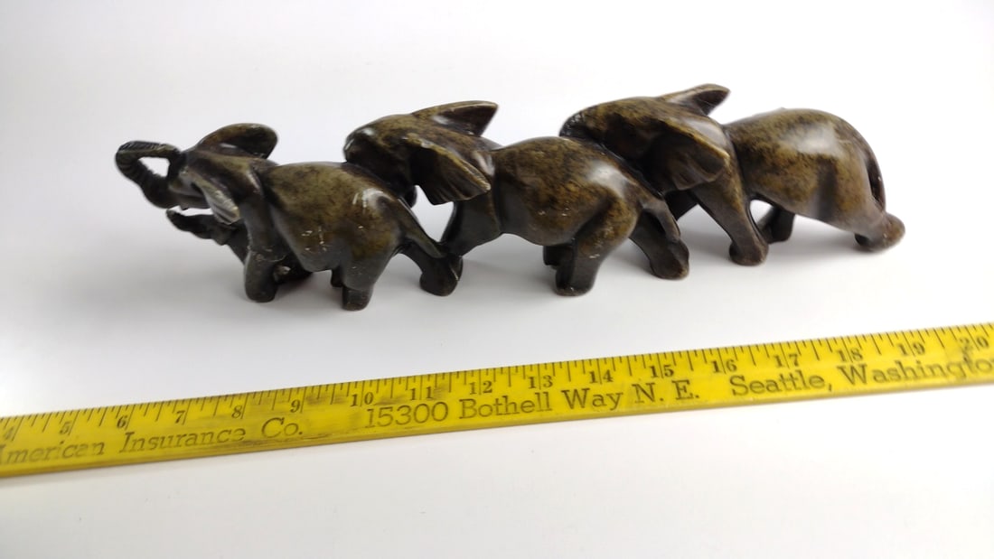 Carved Stone Elephant Family Figurine, 5 Elephants, Dark Green Brown - 4
