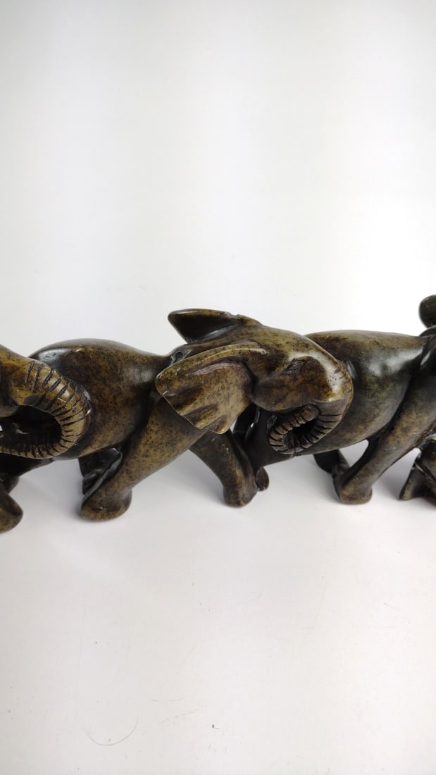 Carved Stone Elephant Family Figurine, 5 Elephants, Dark Green Brown - 5