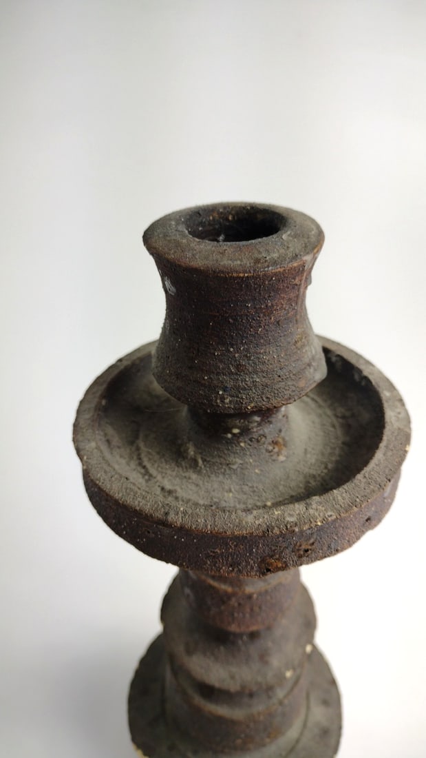 MCM Brutalist Pottery Candlestick Candle Holder, Dark Brown Black - 2