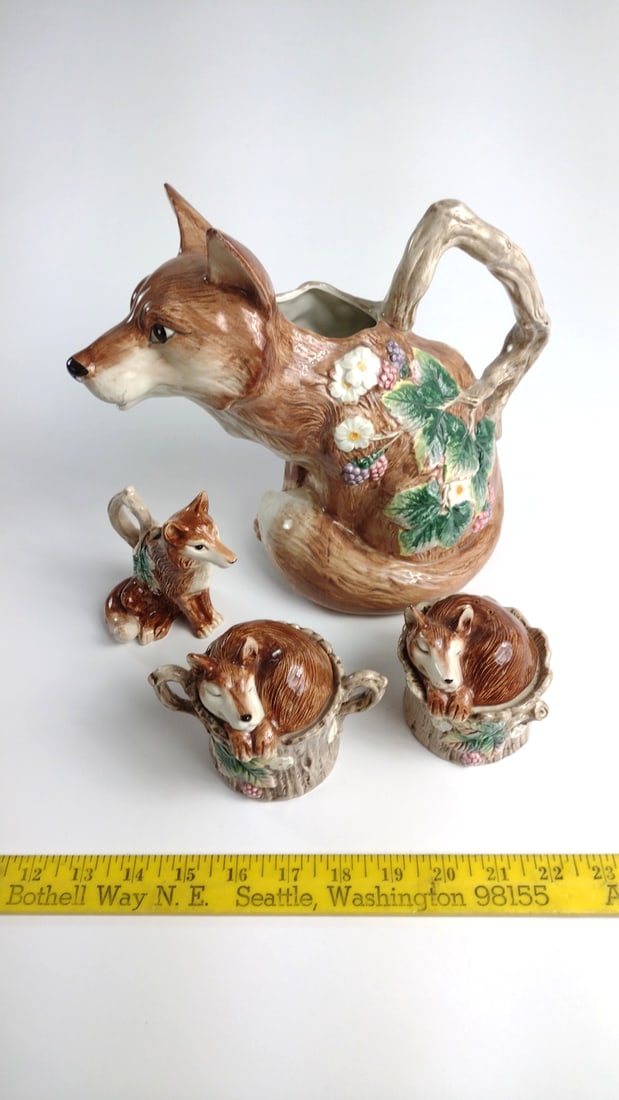 Fitz Floyd 1990 Ceramic Fox Teapot, Creamer, Sugar Salt Woodland Floral - 2