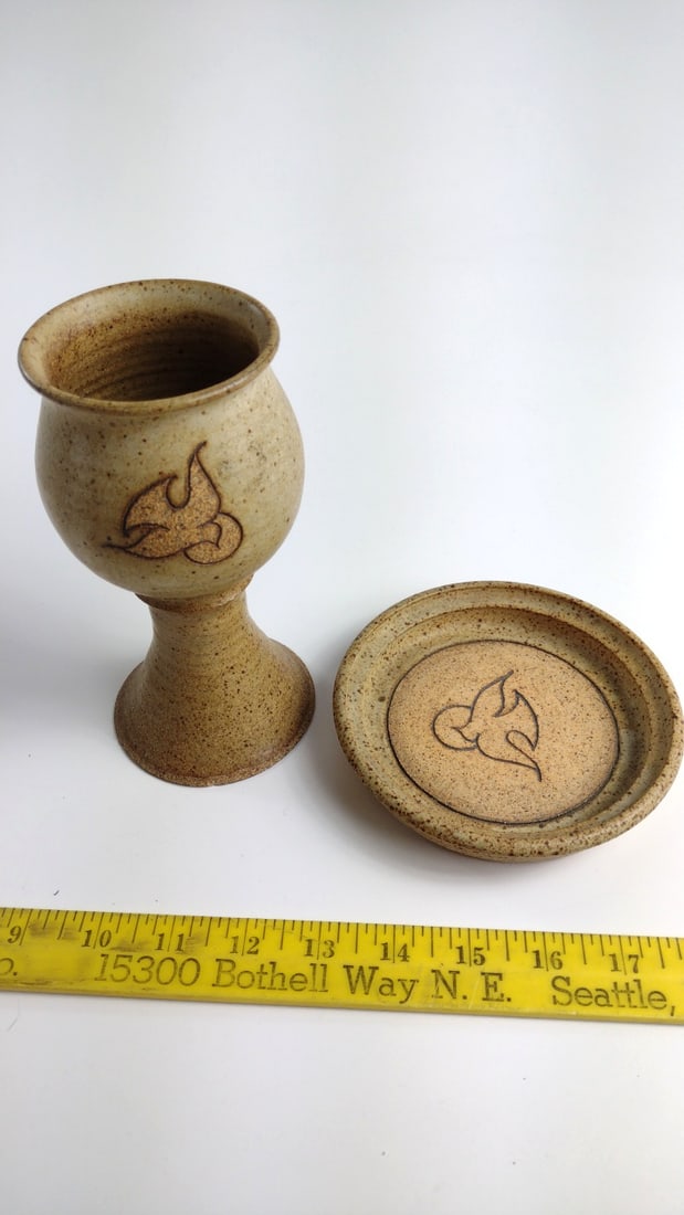 MCM Speckled Tan Stoneware Chalice Goblet and Paten Plate with Dove Motif - 2