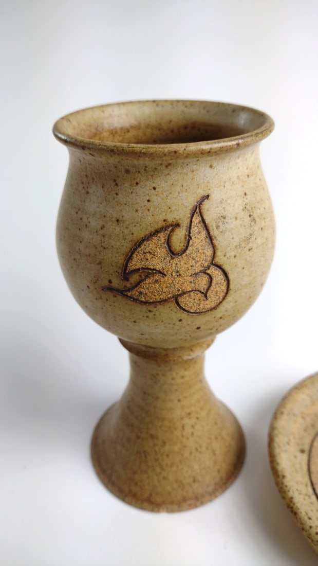 MCM Speckled Tan Stoneware Chalice Goblet and Paten Plate with Dove Motif - 3