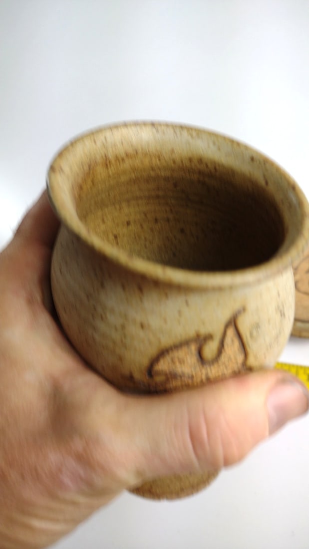 MCM Speckled Tan Stoneware Chalice Goblet and Paten Plate with Dove Motif - 7