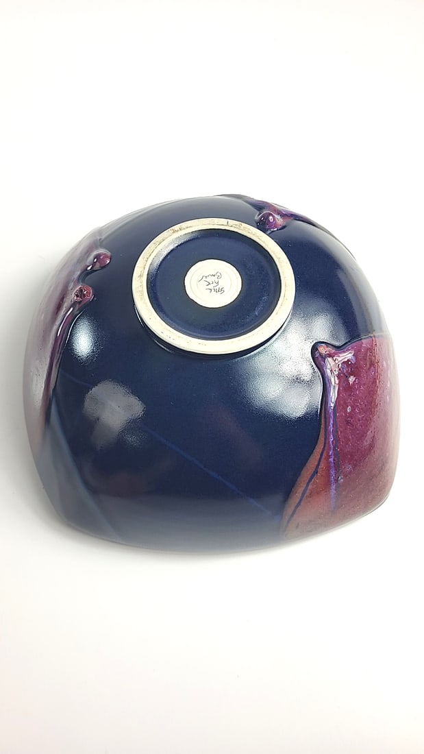 Signed Studio Pottery Square Bowl Blue Purple Glazed Ceramic - 7