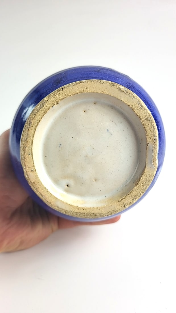 Vintage Blue White Glazed Ceramic Footed Vase with Geometric Floral Pattern - 2