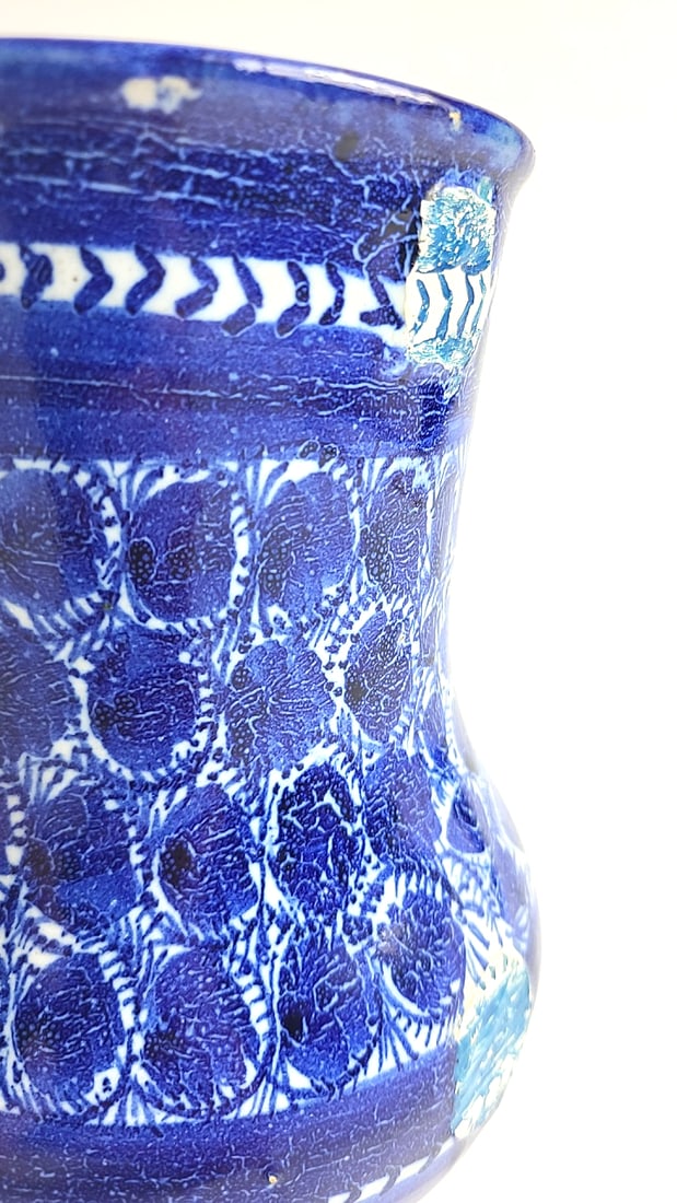 Vintage Blue White Glazed Ceramic Footed Vase with Geometric Floral Pattern - 5