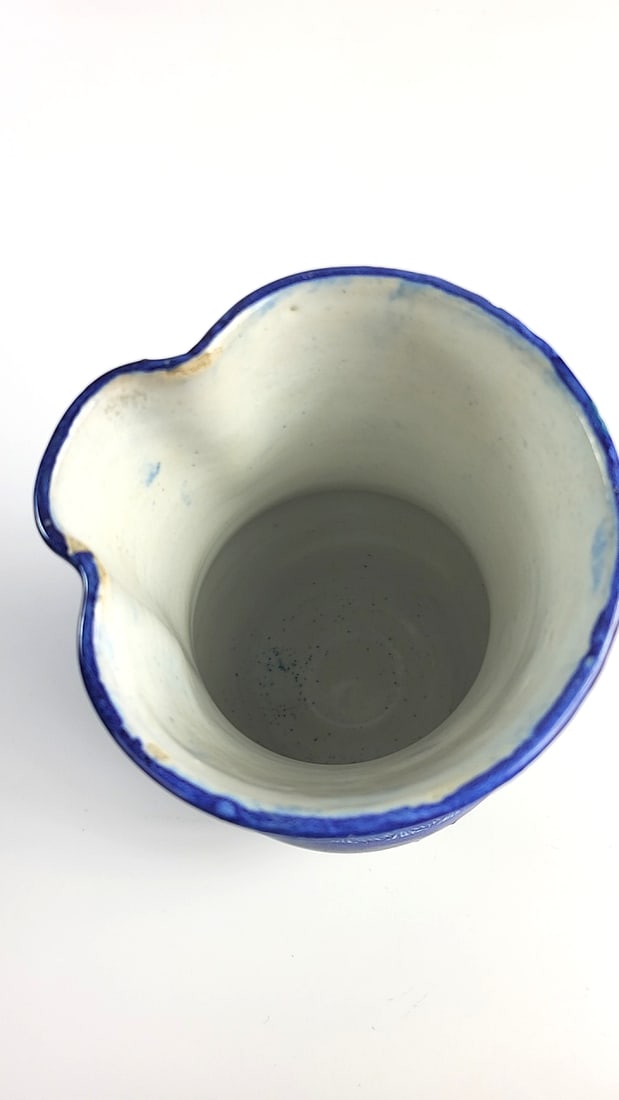 Vintage Blue White Glazed Ceramic Footed Vase with Geometric Floral Pattern - 6