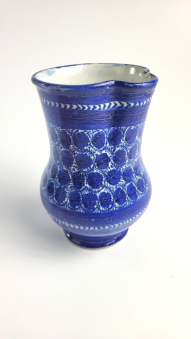 Vintage Blue White Glazed Ceramic Footed Vase with Geometric Floral Pattern - 8