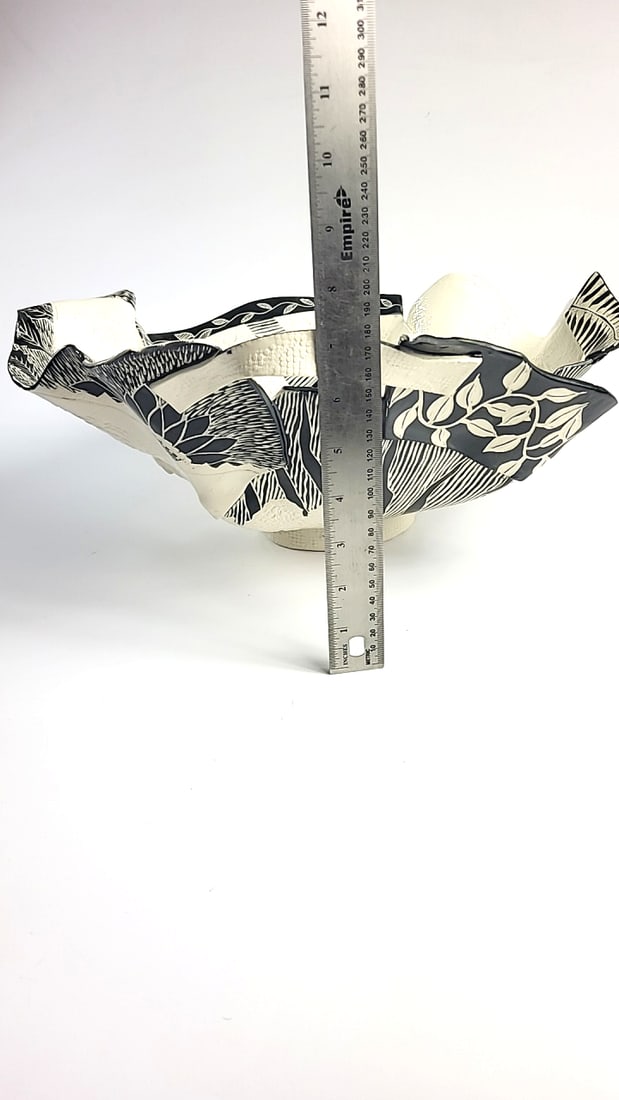 Large Signed Black White Botanical Sgraffito Handbuilt Ceramic Ruffled Footed Bowl - 8