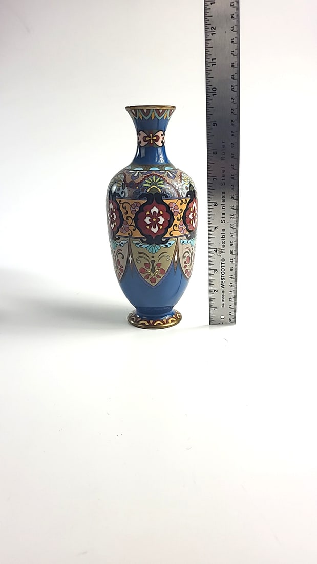 Blue Floral Cloisonne Enamel Brass Vase, Approx. 9.5 in - 2