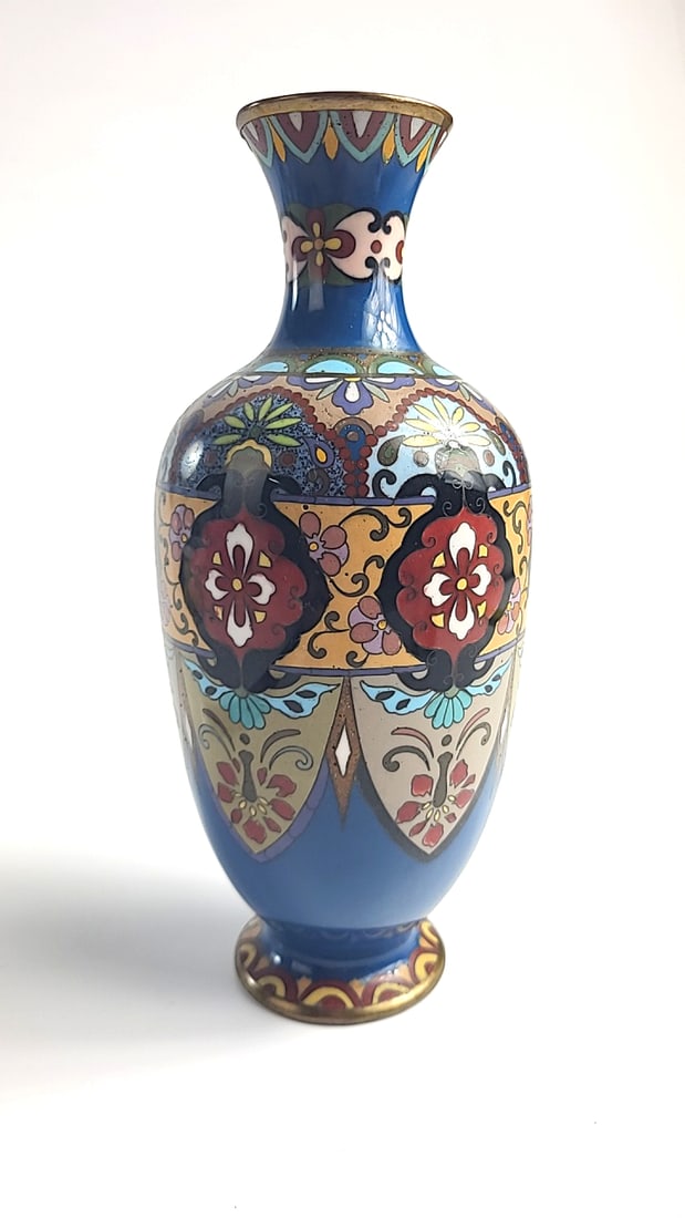 Blue Floral Cloisonne Enamel Brass Vase, Approx. 9.5 in - 3