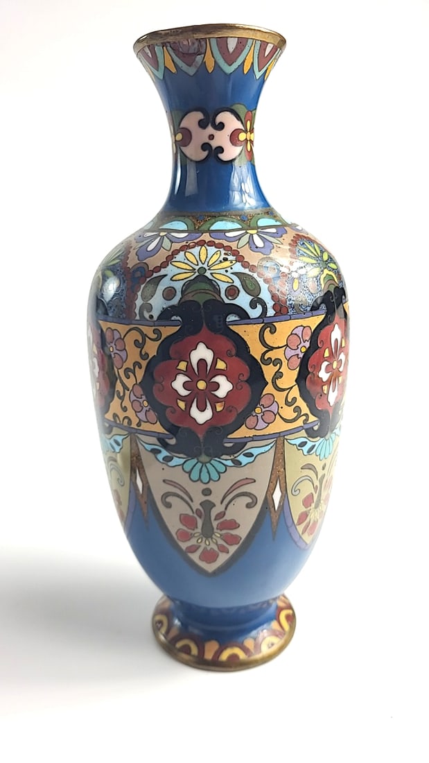 Blue Floral Cloisonne Enamel Brass Vase, Approx. 9.5 in - 4