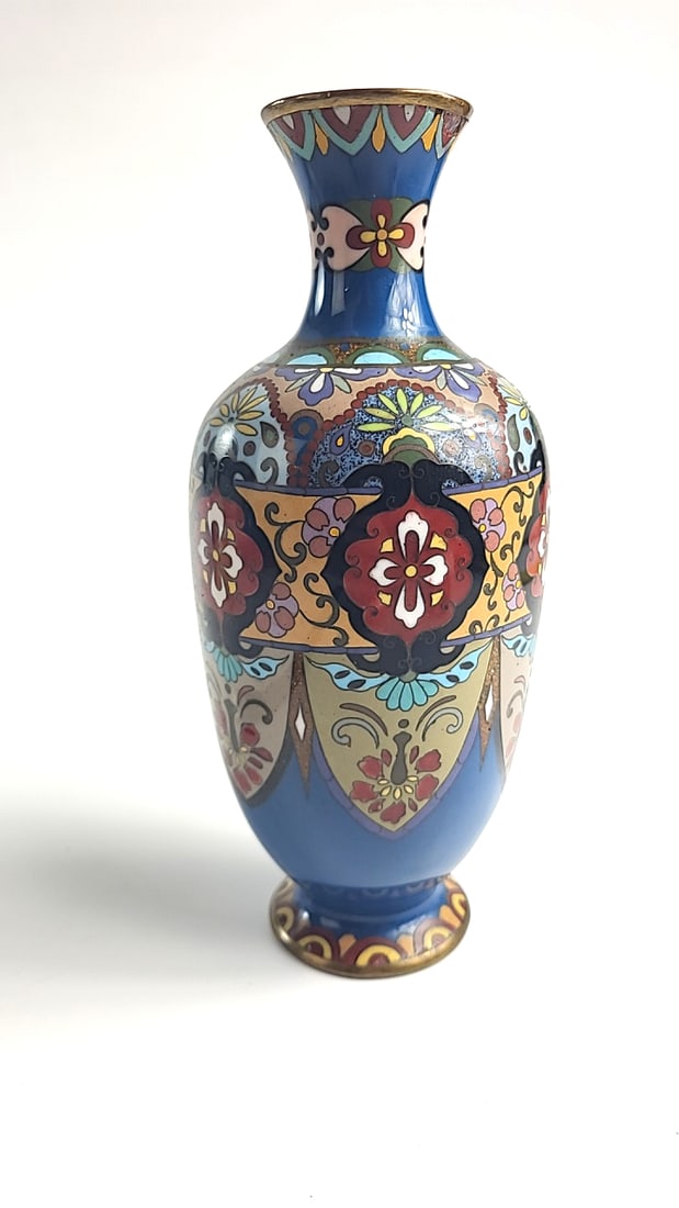 Blue Floral Cloisonne Enamel Brass Vase, Approx. 9.5 in - 5