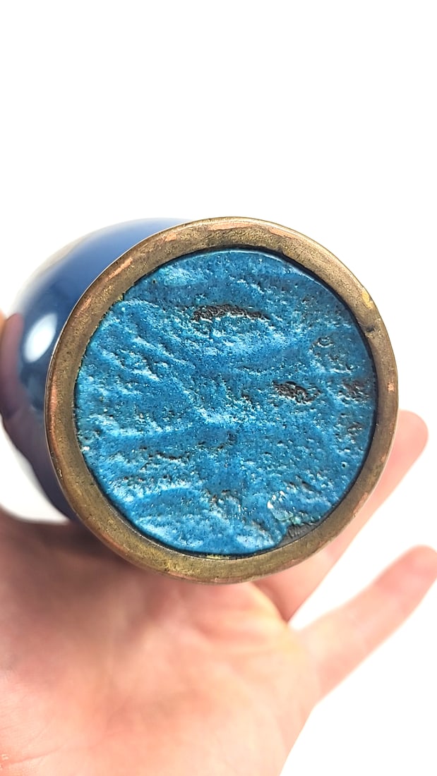 Blue Floral Cloisonne Enamel Brass Vase, Approx. 9.5 in - 6