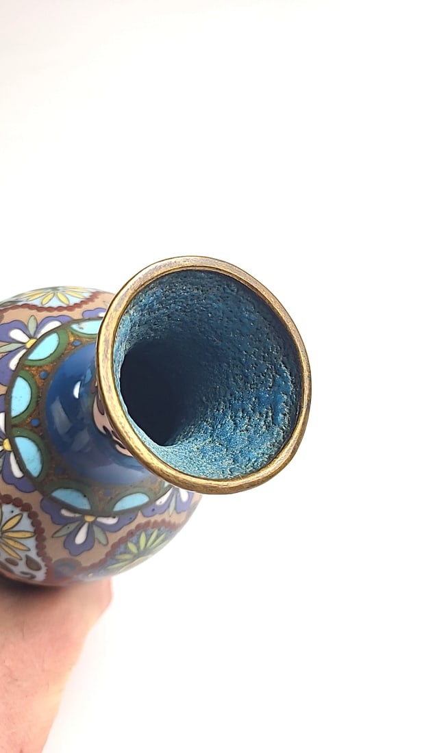 Blue Floral Cloisonne Enamel Brass Vase, Approx. 9.5 in - 7