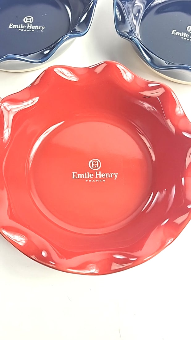 Emile Henry France Mini Ruffled Ceramic Pie Dishes Set of 3 Red & Navy - 2