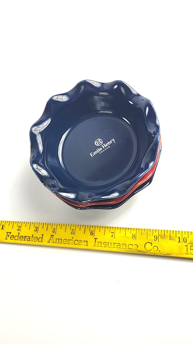 Emile Henry France Mini Ruffled Ceramic Pie Dishes Set of 3 Red & Navy - 4