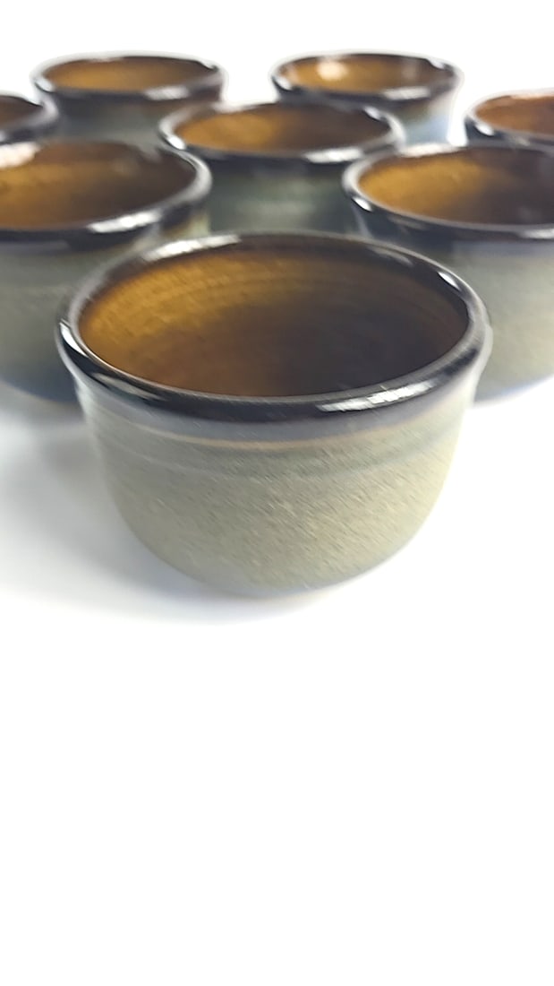 Set of 8 Glazed John Dunlap Stoneware Cups, Brown Interior and Gray Exterior - 2